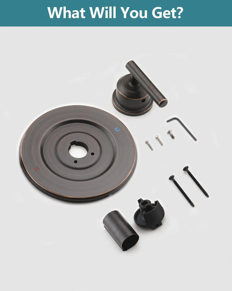 Upgrade Your Bathroom Today With This Slick Moen Chateau Replacement Trim Kit In Classic Oil Rubbed Bronze, Featuring Easy Pull On Push Off Handle Design And Clear Hot Cold Labels For A Totally Fresh Modern Shower Look Without Buying The Valve Cartridge., oil rubbed bronze shower trim kit parts with handle, screws, and escutcheon