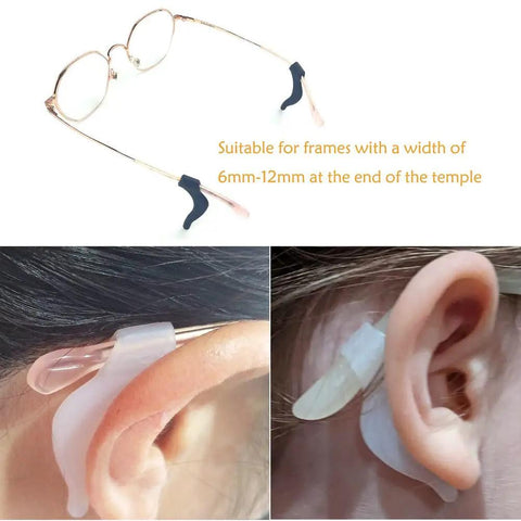 20 Pairs Anti Slip Silicone Eyeglass Ear Clips With Storage Box Safety Retainers on glasses and ear, black and white shown