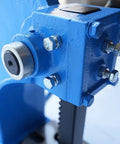 Close-up of Badass Heavy Duty 2 Ton Manual Arbor Press With Reversible Plunger, durable blue cast iron structure and components.