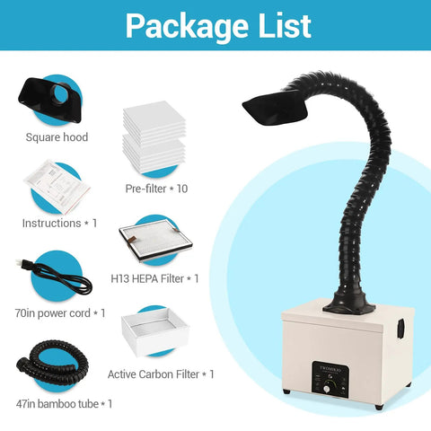 M3PRO Solder Fume Extractor package contents including square hood, filters, power cord, shown on light blue background.