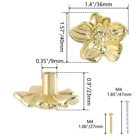 Killer Antique Brass Flower Drawer Knobs Top Notch Zinc Alloy Cabinet Pulls Heavy Duty Vintage Hardware No Hassle Installation Set Of Four. Flower knob measures 40x36mm with standard screws.