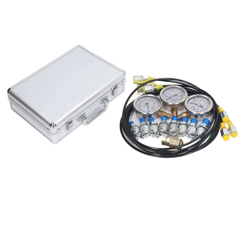 Top Rated High Pressure Tester Kit With Easy Install Flexible Tube And 8 Couplings For Excavators Pump Testing Up To 60MPa Gauge Accuracy, silver case and gauges