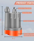 2000 GPH Submersible Water Pump For Quick Drainage, Low Suction Sump Pump With 1/4 HP Motor, labeled parts diagram