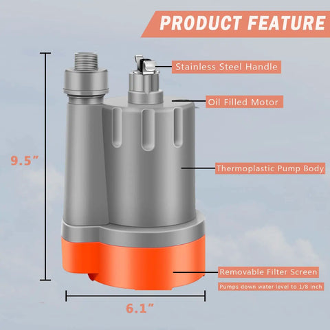 2000 GPH Submersible Water Pump For Quick Drainage, Low Suction Sump Pump With 1/4 HP Motor, labeled parts diagram