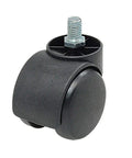 Slick Black Twin Wheel Swivel Casters With M10 Threaded Stem suitable for chairs, featuring 2-inch plastic wheels for smooth movement.