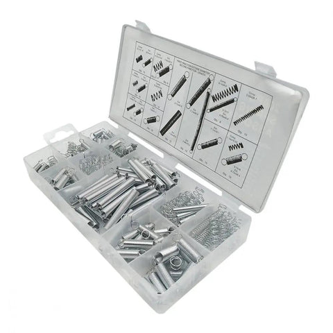 Super Cool 200 Piece Spring Assortment Kit Packed With Essential Extension Compression And Torsional Springs For Your Awesome Home DIY Hardware Projects And Repairs Today, silver metal springs in storage box