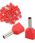 Red Insulated Ferrule Pins For AWG 16 1.5mm2 Copper Wire Twin Crimp Connector Ends TE1508, bulk displayed and close-up