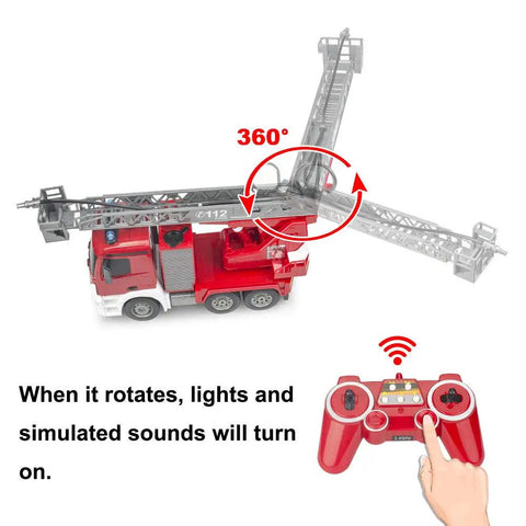 Benz Licensed Remote Control Fire Truck Toy With Realistic Alarm Lights, Working Water Pump And Rotating Rescue Ladder shown.