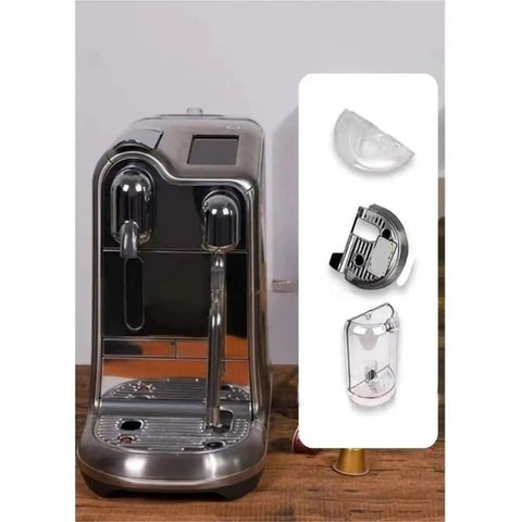 Water Tank With Cover For J620 Capsule Coffee Machine Replacement Accessory BPA Free Food Grade Plastic High Temperature Safe Tight Seal Lid No Fuss Easy Fit For Creatista Pro Series, shown next to a coffee machine with accessory parts highlighted.
