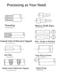 Diagram showing various shaft processing techniques such as threading, key way, and snap ring grooves.