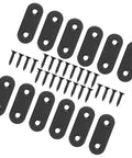 Flat Corner Brackets 12 Pack Stainless Steel Mending Plates For Wood Shelves And Wardrobes Cabinets And Furniture Repair Built To Last Heavy Duty Reinforcing And Attaching Panels For Industrial Use showing black mending plates and screws arrangement.