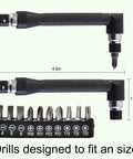 Flexible Drill Bit Extension Kit 17 Piece Set With 360 Degree Rotatable Socket Adapters showing dimensions and drill bits