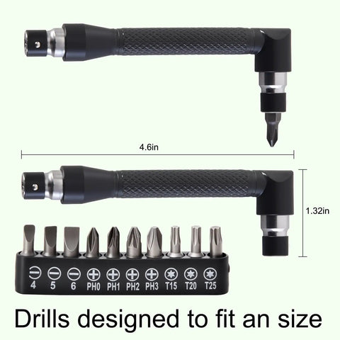 Flexible Drill Bit Extension Kit 17 Piece Set With 360 Degree Rotatable Socket Adapters showing dimensions and drill bits