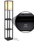 Maxwell Shelf Floor Lamp With USB Ports, Wireless Charging Pad, And Built In Outlet, compact black tower with lighting and shelves