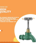Fire Hydrant Water Spigot Key For Wall Faucets And Outdoor Hose Bibs in silver metal with T-shaped handle next to green spigot.