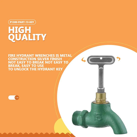 Fire Hydrant Water Spigot Key For Wall Faucets And Outdoor Hose Bibs in silver metal with T-shaped handle next to green spigot.
