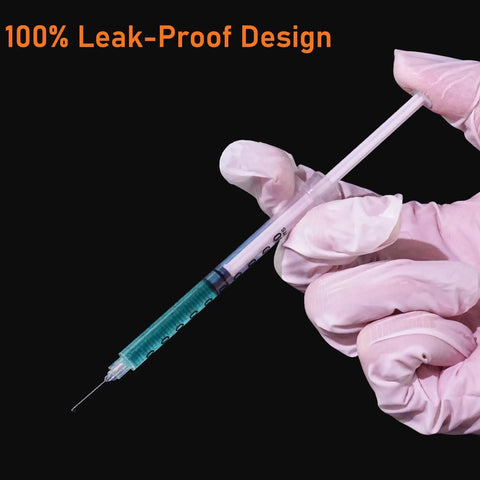 Top Notch 1cc Syringe With Needle 31G 1/4 Inch 6mm Sterile Pack Of 100 For Precise Dosing, Smooth Electro Polished Needle, Easy To Use, Medical Grade, Eco Friendly And Safe, 1cc syringe with 31G needle in gloved hands