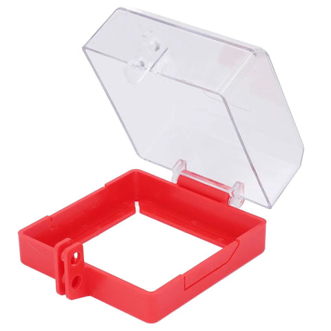 Emergency Stop Cover Lockout Protector with transparent shell and red base, fits 105x105x63mm E stop buttons, OSHA compliant