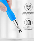 Close-up of blue handle DIY Ready Double Ended T6 T15 Screwdriver Kit With Flat And Cross Bits, Pry Tool, and 16 Security Screws, S2 Steel.