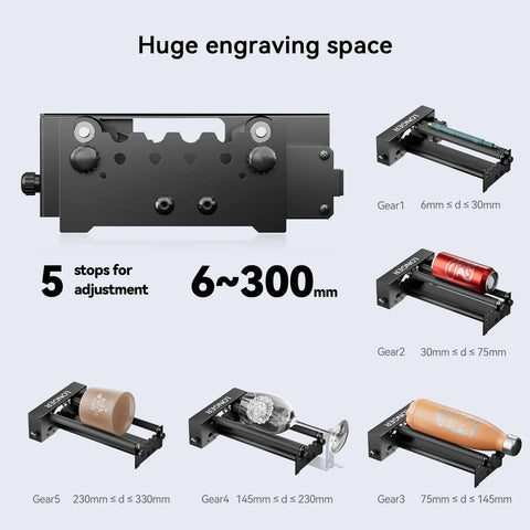 Top Tier Universal Laser Engraver Rotary Roller Attachment with gear adjustments for 6 to 300 mm engraving space.