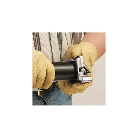 Person using Go To Deburring Tool For Plastic Pipes 1 1/4 To 4 Inches, Quick 3/32 Inch 15 Degree Chamfer on black pipe