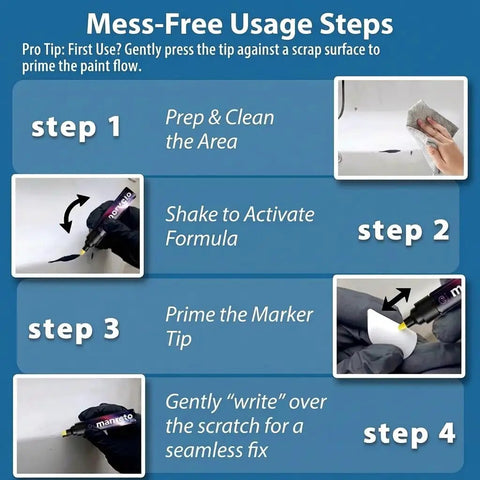 Step-by-step guide for using Exact Color Match Car Paint Touch Up Pen for Cars, SUVs and Trucks, showing cleaning and application process.