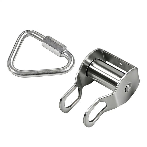 Stainless steel components of Outdoor Zip Line Conversion Kit With Smooth Glide Pulley System For Backyard Fun, Easy Install Slackline Roller Set.