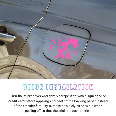 Slick Humorous Waterproof Fuel Tank Cap Decals on gray vehicle, playful pink design for easy installation on gas cap.