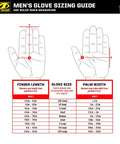 Men's glove sizing guide showing finger length and palm width measurements with size chart for accurate fit.