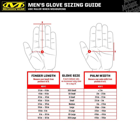 Men's glove sizing guide showing hand measurements for finger length and palm width with size chart.