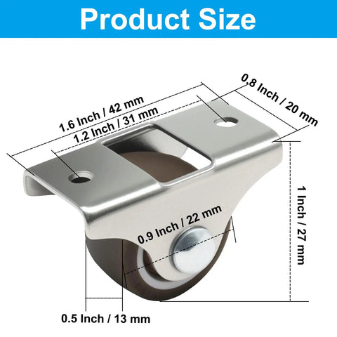 Eight Pack Mini Fixed Caster Wheels, 1 Inch Low Profile TPE Rubber Casters showing dimensions and steel plate on size diagram