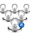 Front view: six 1.26-inch neodymium fishing magnets with eyelet rings, 304 stainless steel, 100 lb pull