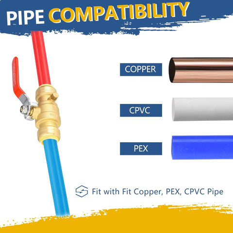 Three Quarter Inch Push Fit Ball Valve With Drain Full Port Brass Shut Off for Copper PEX CPVC Pipe Compatibility Display