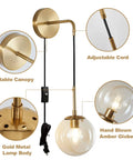 Plug In Wall Sconce Set Of 2 Modern Glass Globe Lights With Brushed Brass Finish showing stable canopy and adjustable cord feature