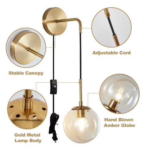 Plug In Wall Sconce Set Of 2 Modern Glass Globe Lights With Brushed Brass Finish showing stable canopy and adjustable cord feature