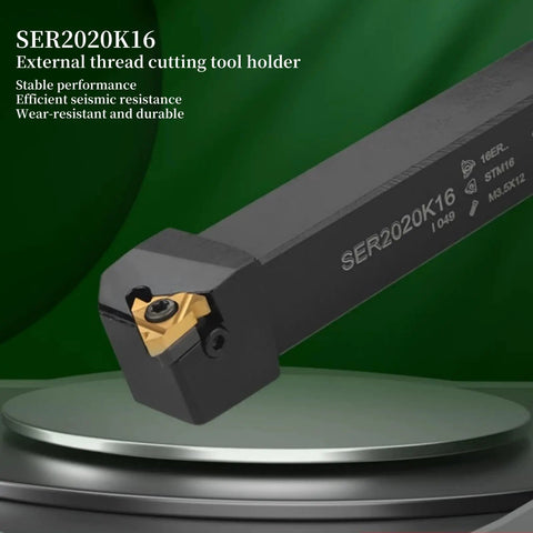 Workhorse Lathe Tool Threading Solution With SER2020K16 turning tool holder showcasing 16ER AG60 insert on a green background.