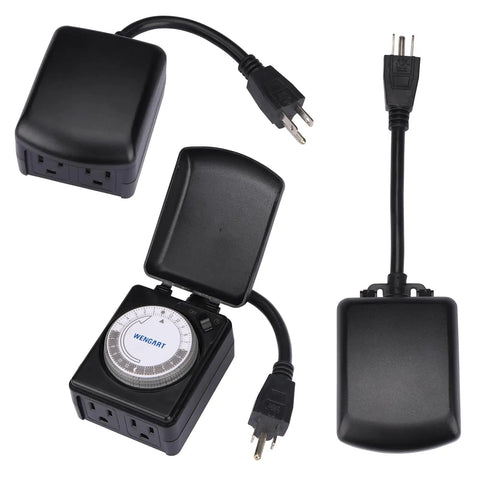 Badass All Weather Outdoor Mechanical Timer With Dual Grounded Outlets Weatherproof Flip Cover showing timer dial and cord.