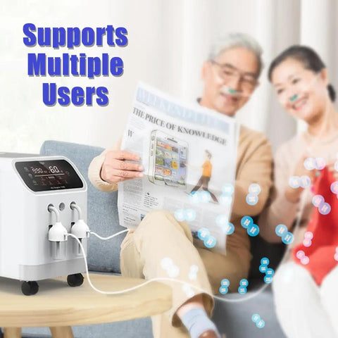 Two adults using Hydrogen Wellness Inhalation System With 1000 Ml Per Minute Browns Gas Output, enjoying home therapy.