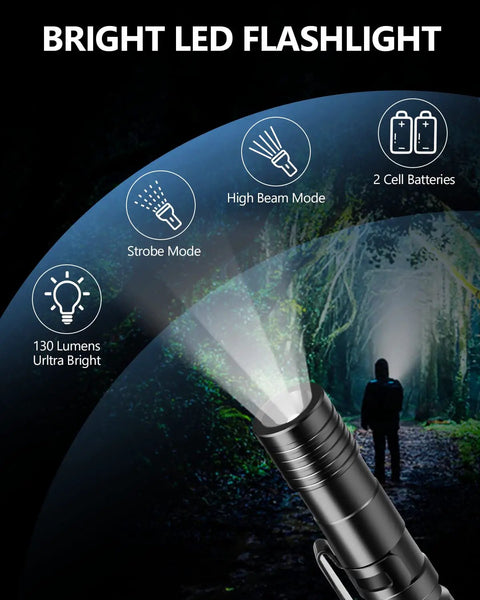 12 In 1 Tactical Pen Self Defense Multitool With Flashlight showing bright LED beam in forest