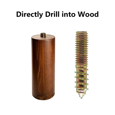 Beefy Heavy Duty Hanger Bolts Set showing a bolt next to a wooden furniture leg, 12 Pack M5x40mm Fasteners for Shelves Fixtures and Furniture Legs