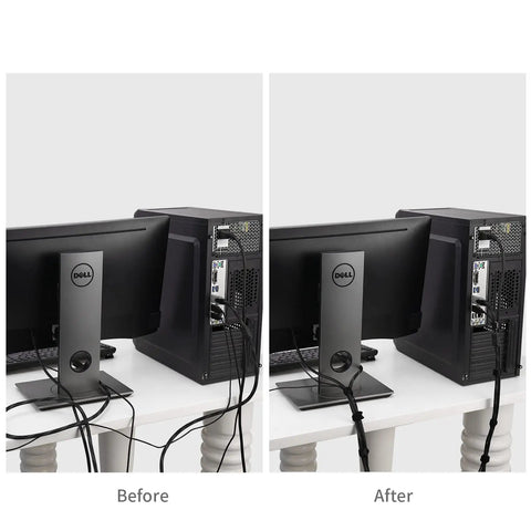 Before and after using 100 Pack Reusable Cable Ties And Straps, 6 Inch By 0.47 Inch Thin Cord Organizers With Hook And Loop for cable management