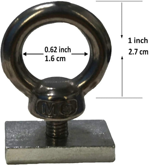 4 Pack Heavy Duty Stainless Steel Eye Bolt Tie Down Anchoring Kit for Roof Racks and 4WD Awnings Includes M8 Eye Bolts Slot Nuts and Washers for Secure Cargo Tie Downs, M8 eye bolt shown with 0.62-inch ring and 1-inch base