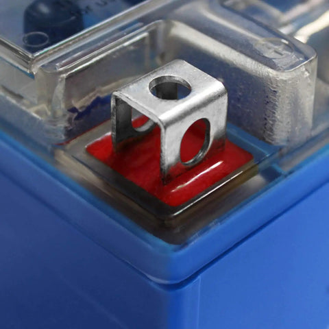 Close-up of YTX7A-BS GEL Battery 12V 6Ah 105 CCA Maintenance Free Replacement terminal for Suzuki ATV 2001 to 2006
