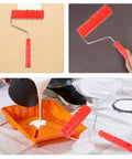 2 Pack Patterned Texture Paint Rollers With Cushioned Grips Crafted From Heavy Duty Rubber Ideal For Spreading Drywall Compound And Creating Custom Wall Patterns Gonna Make Your Decorating Tasks A Total No Sweat Deal - showcasing use on walls and in paint tray.