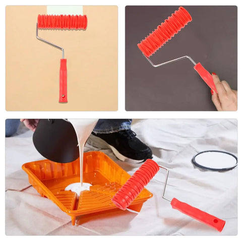 2 Pack Patterned Texture Paint Rollers With Cushioned Grips Crafted From Heavy Duty Rubber Ideal For Spreading Drywall Compound And Creating Custom Wall Patterns Gonna Make Your Decorating Tasks A Total No Sweat Deal - showcasing use on walls and in paint tray.