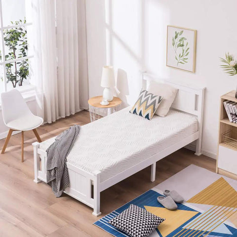 Twin Size Solid Wood Platform Bed Frame With Headboard No Box Spring Needed White Finish Wood Slat Mattress Support in bright room