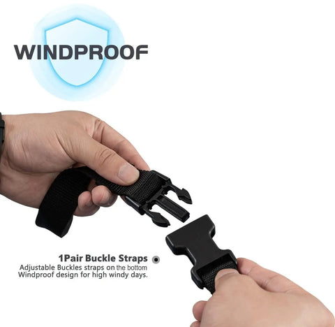 Hands holding buckle straps for All Weather 2 Seater Outdoor Bench Cover Waterproof 53W By 26D By 35H Inches windproof design.