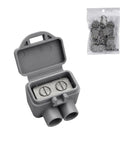 Heavy Duty 2 Port Aluminum To Copper Wire Connectors Pre Filled With Oxide Inhibitor Screw Terminals For Outlet Upgrades Easy No Sweat Install Gray 10 Pack in a gray box.