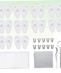 Do It Yourself Eyewear Repair Kit With 15mm Silicone Nose Pads Stainless Steel Screws Replacement Parts Lens Cloth And Sturdy Plastic Storage Case For Quick At Home Glasses Repairs, showing components spread out.