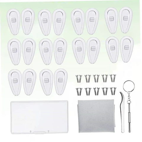 Do It Yourself Eyewear Repair Kit With 15mm Silicone Nose Pads Stainless Steel Screws Replacement Parts Lens Cloth And Sturdy Plastic Storage Case For Quick At Home Glasses Repairs, showing components spread out.
